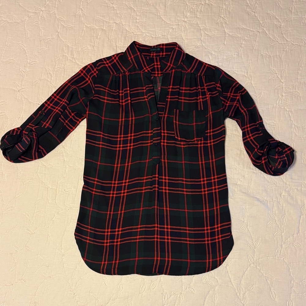 Cals Women's Black, Green and Red Plaid Button Down Shirt